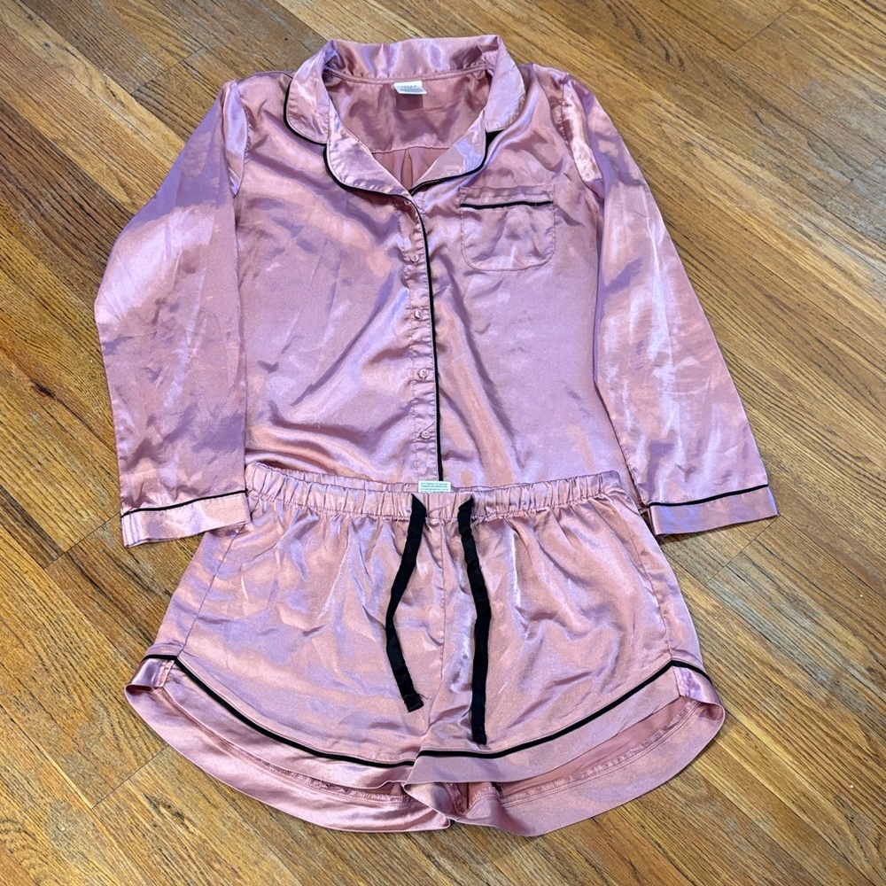 Silky Pink Pajama Set with Black Trim